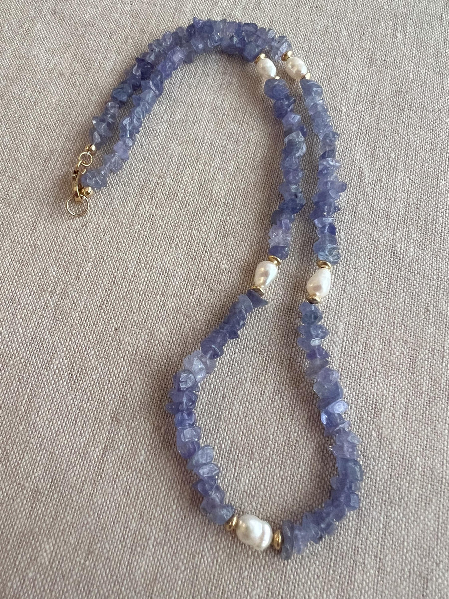 Tanzanite Chips Necklace, Freshwater Pearl Stations, Boho Gemstone Jewelry