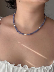 Tanzanite Chips Necklace, Freshwater Pearl Stations, Boho Gemstone Jewelry