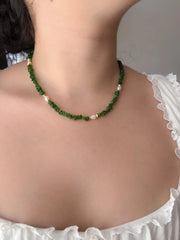 Chrome Diopside Necklace, Freshwater Pearl Stations, Boho Gemstone Jewelry