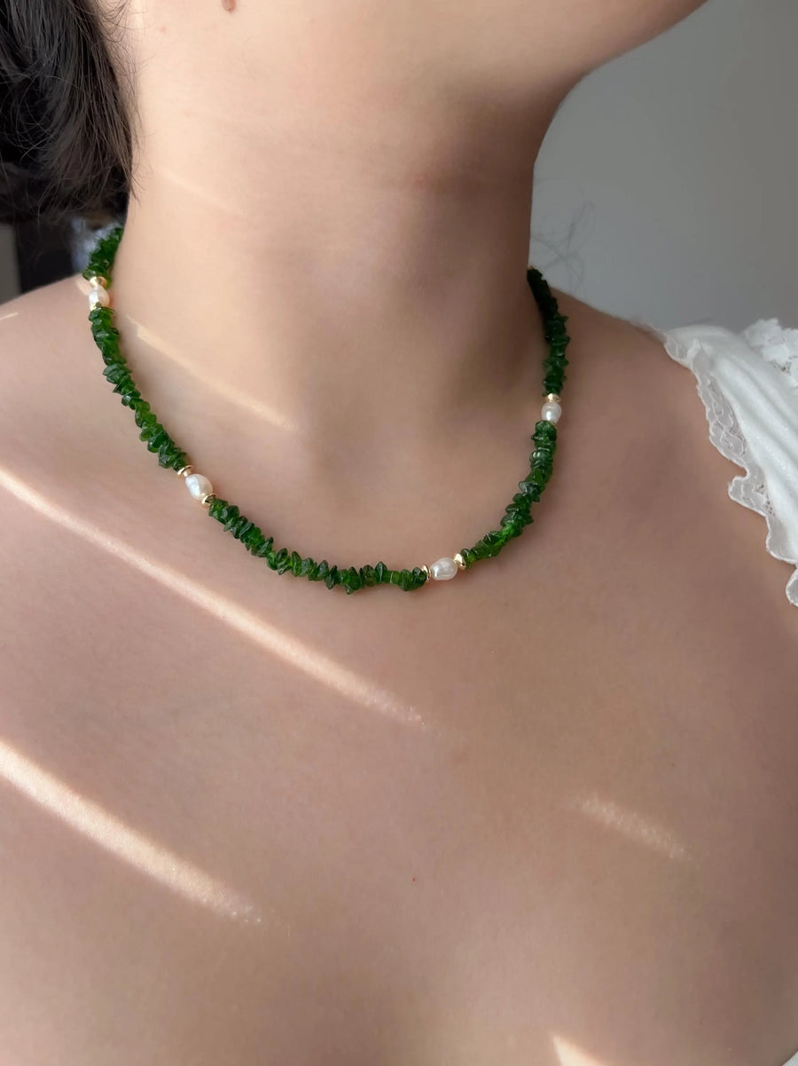 Chrome Diopside Necklace, Freshwater Pearl Stations, Boho Gemstone Jewelry