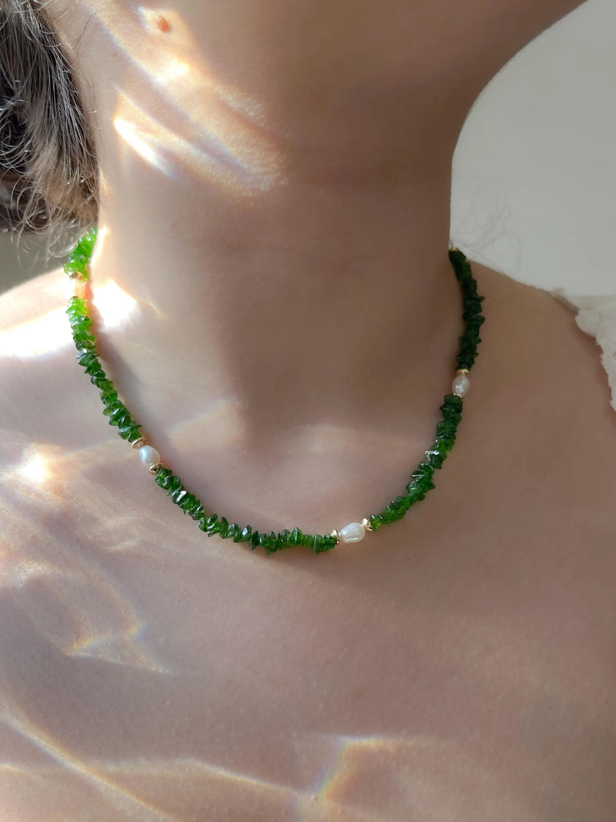 Chrome Diopside Necklace, Freshwater Pearl Stations, Boho Gemstone Jewelry