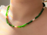 Chrome Diopside Necklace, Freshwater Pearl Stations, Boho Gemstone Jewelry