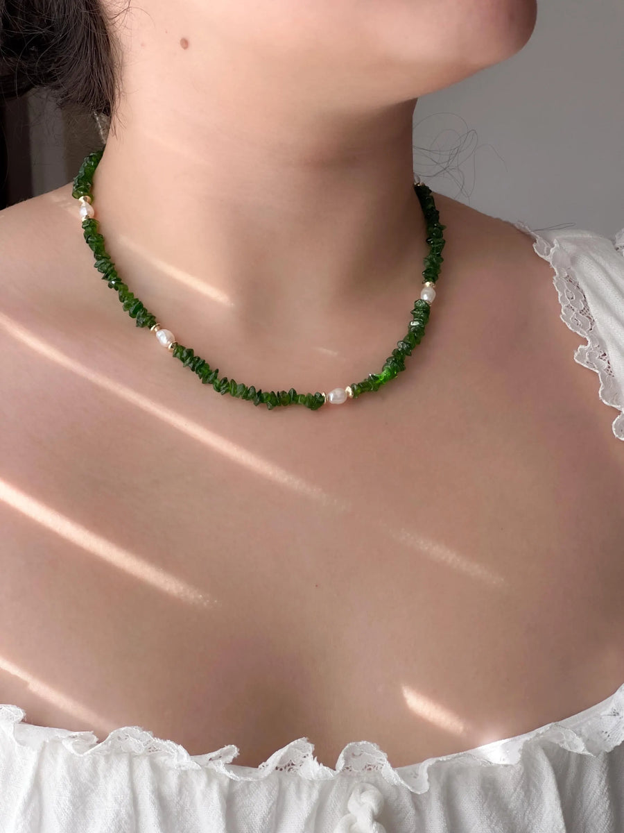Chrome Diopside Necklace, Freshwater Pearl Stations, Boho Gemstone Jewelry
