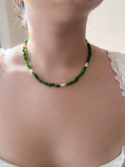 Chrome Diopside Necklace, Freshwater Pearl Stations, Boho Gemstone Jewelry