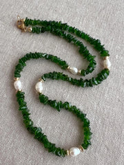 Chrome Diopside Necklace, Freshwater Pearl Stations, Boho Gemstone Jewelry