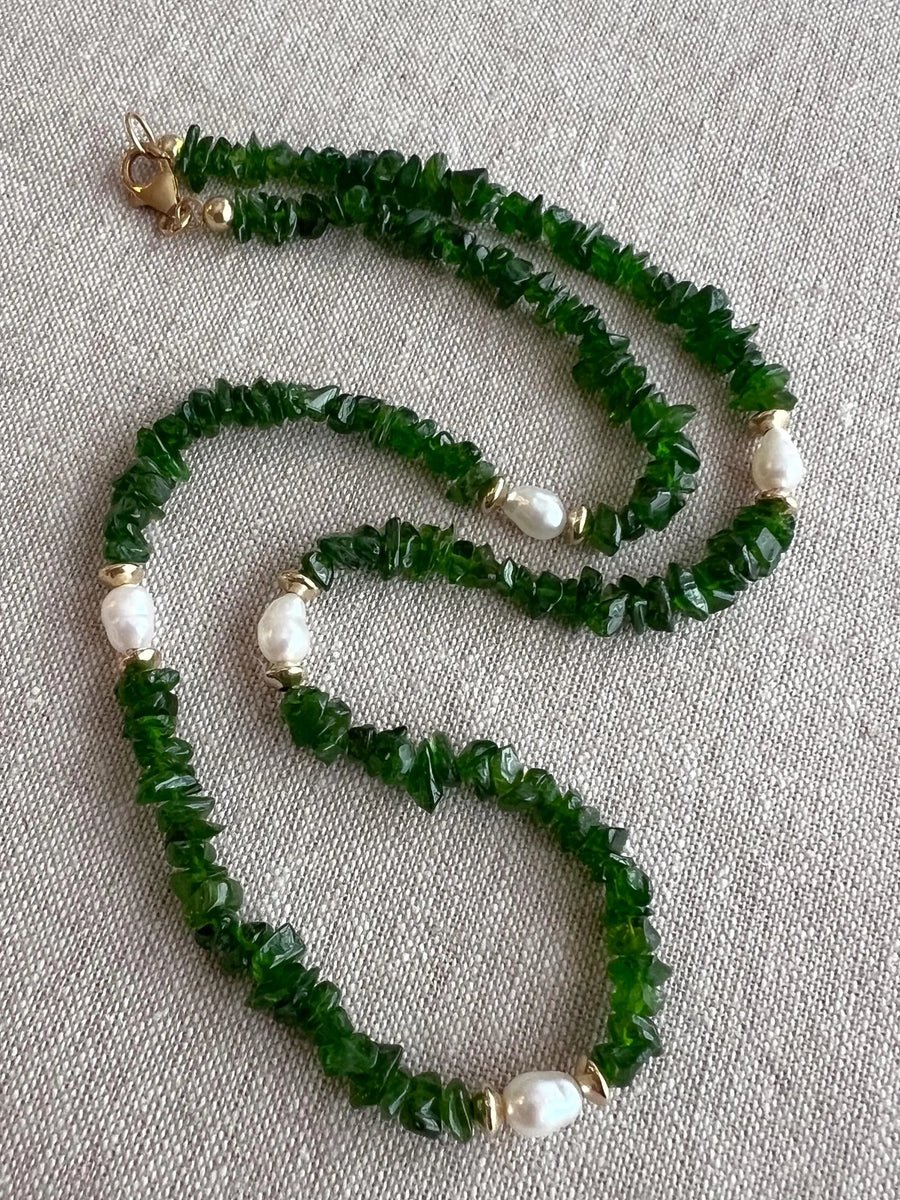 Chrome Diopside Necklace, Freshwater Pearl Stations, Boho Gemstone Jewelry