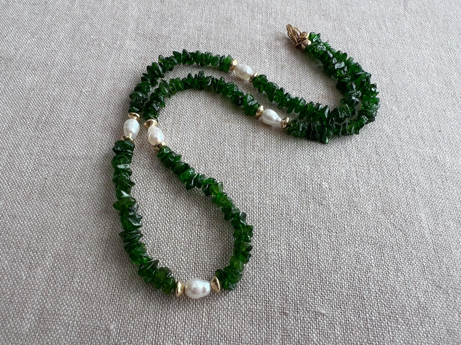 Chrome Diopside Necklace, Freshwater Pearl Stations, Boho Gemstone Jewelry