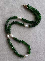 Chrome Diopside Necklace, Freshwater Pearl Stations, Boho Gemstone Jewelry