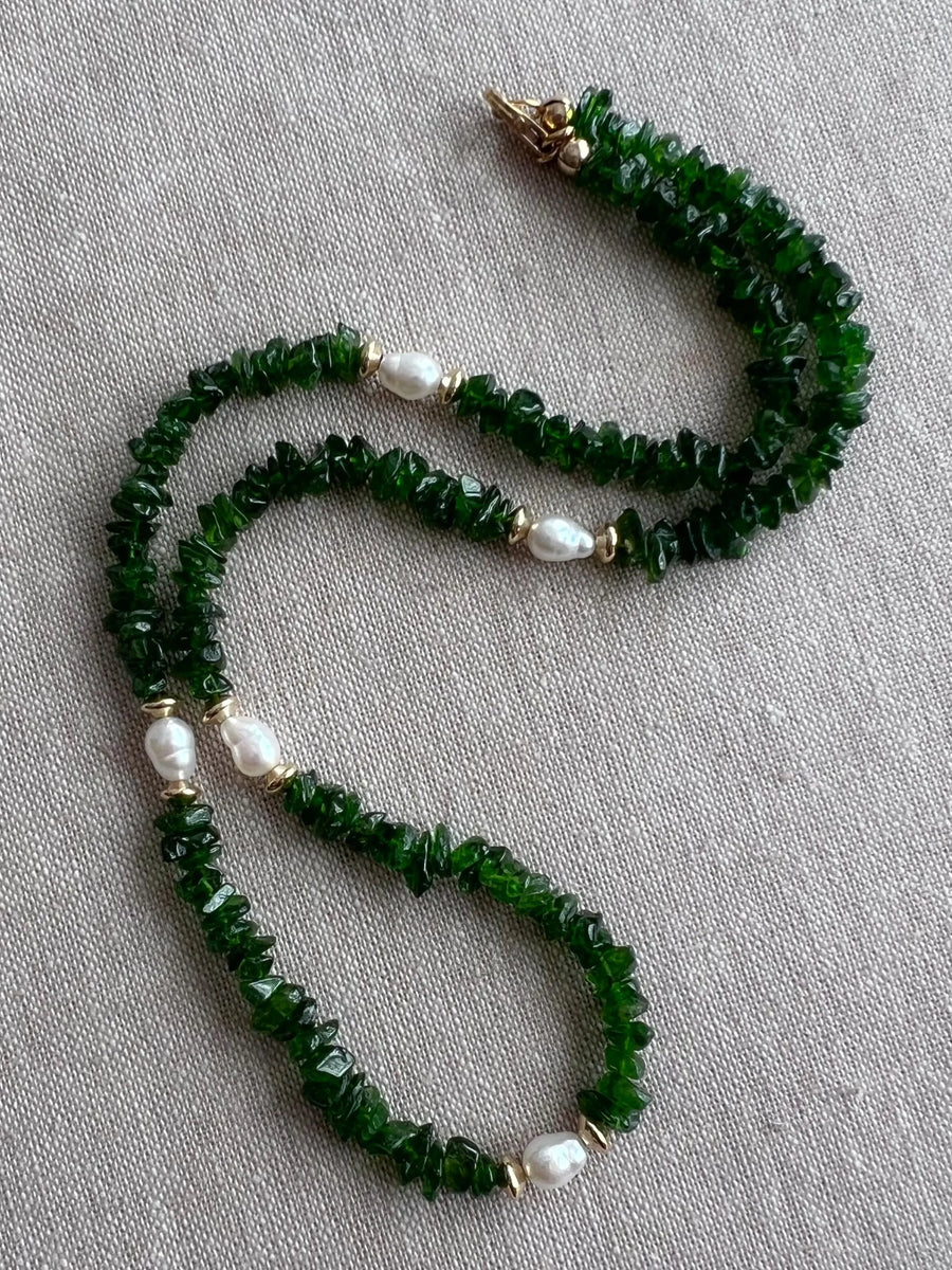 Chrome Diopside Necklace, Freshwater Pearl Stations, Boho Gemstone Jewelry