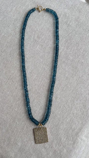 London Blue Topaz Necklace, Pave Diamond Square Pendant, Boho Gemstone Jewelry