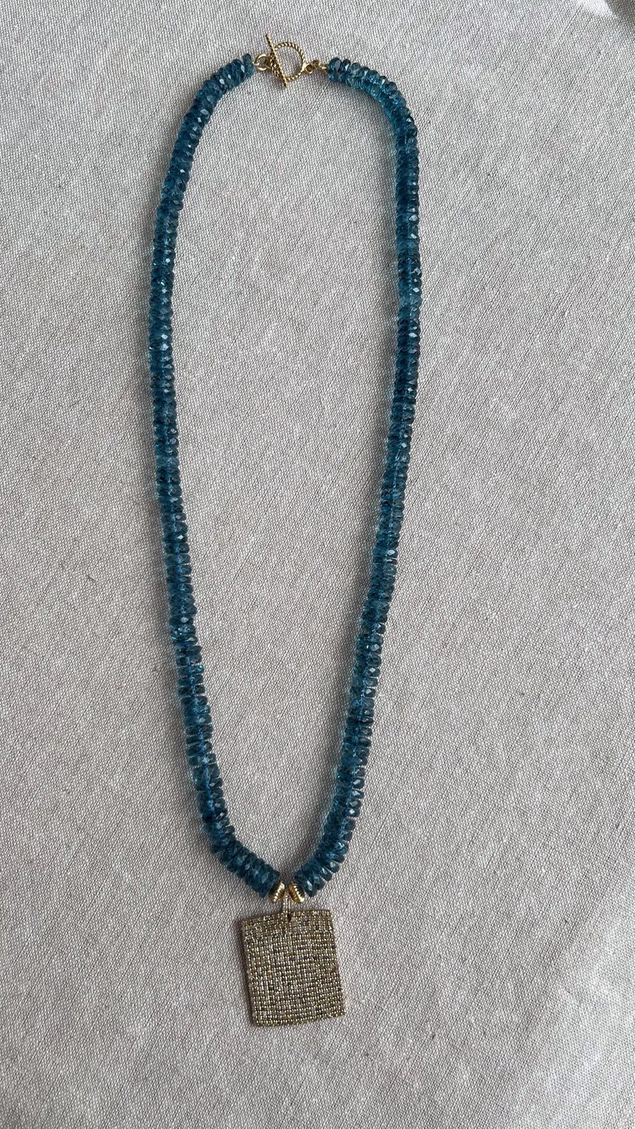 London Blue Topaz Necklace, Pave Diamond Square Pendant, Boho Gemstone Jewelry
