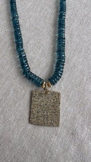 London Blue Topaz Necklace, Pave Diamond Square Pendant, Boho Gemstone Jewelry