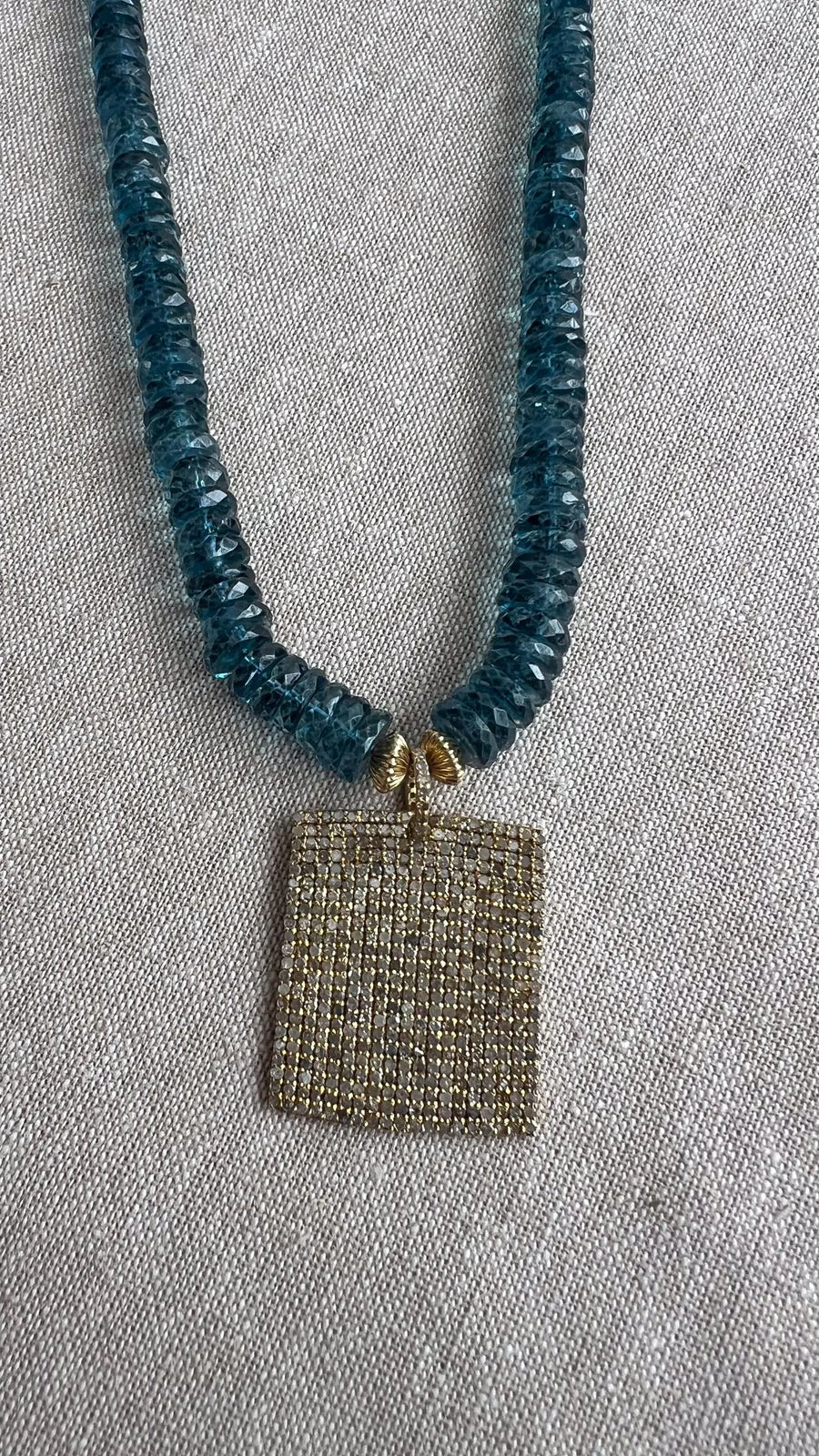London Blue Topaz Necklace, Pave Diamond Square Pendant, Boho Gemstone Jewelry