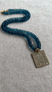 London Blue Topaz Necklace, Pave Diamond Square Pendant, Boho Gemstone Jewelry