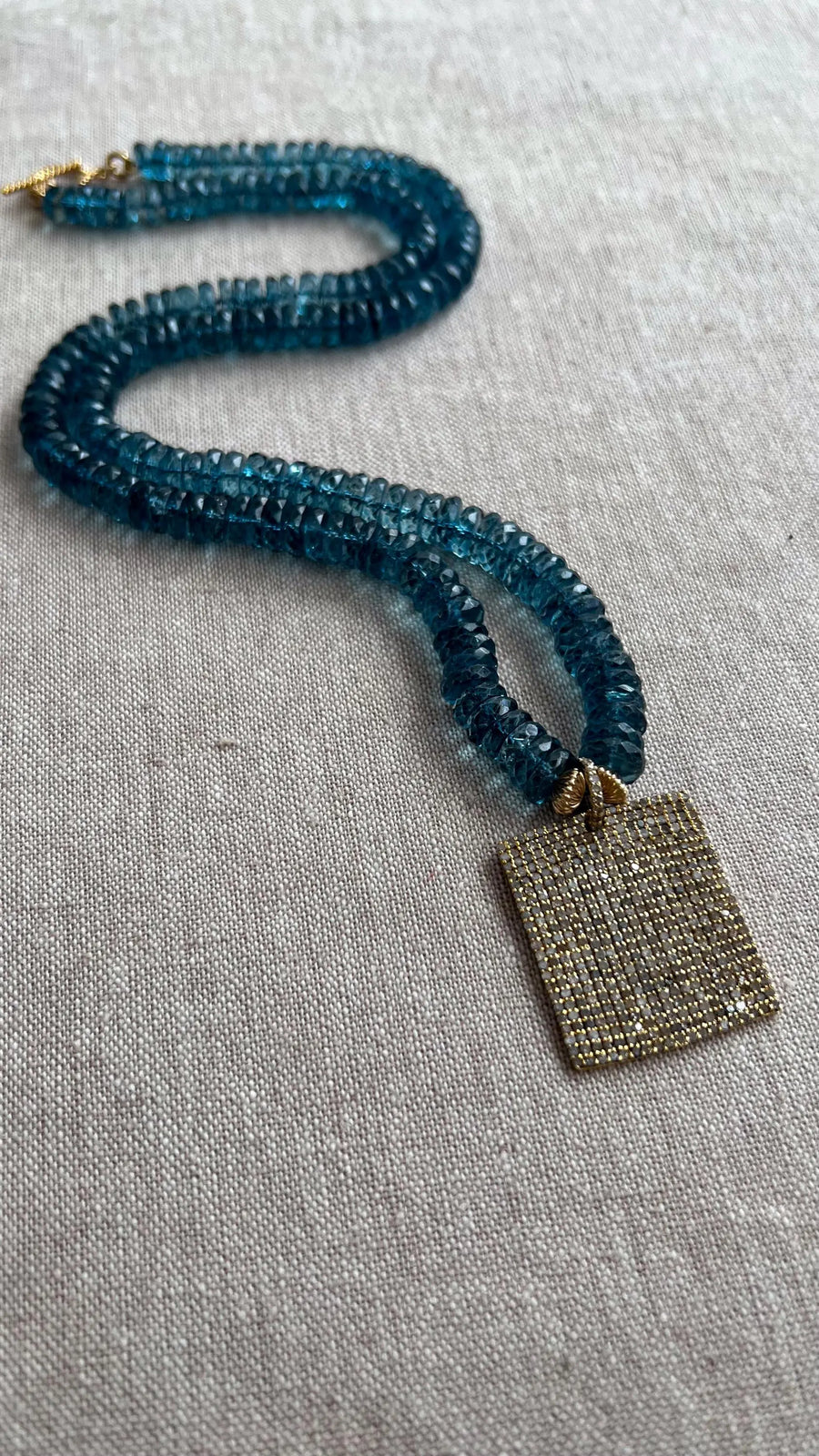 London Blue Topaz Necklace, Pave Diamond Square Pendant, Boho Gemstone Jewelry