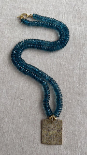 London Blue Topaz Necklace, Pave Diamond Square Pendant, Boho Gemstone Jewelry