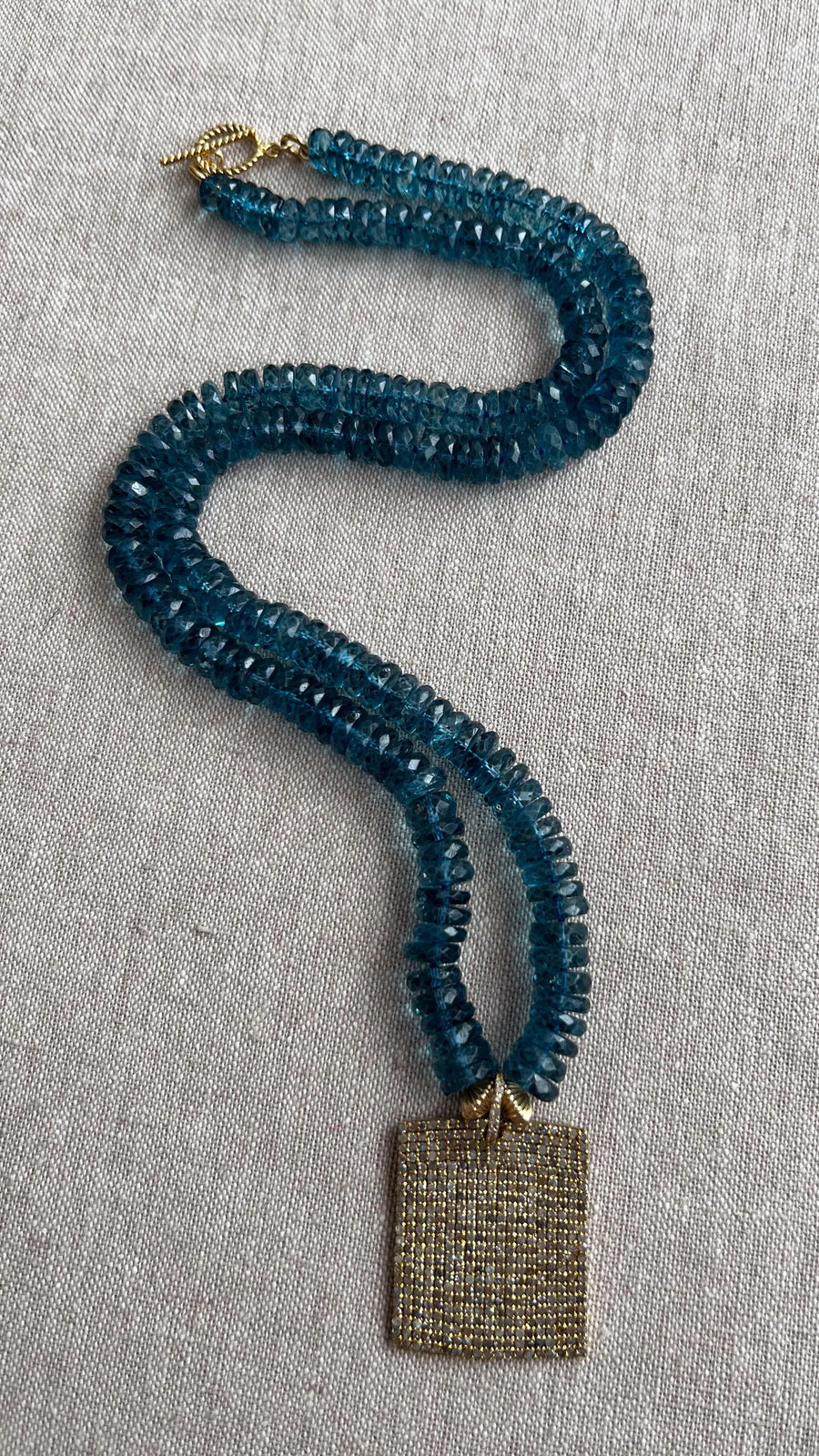 London Blue Topaz Necklace, Pave Diamond Square Pendant, Boho Gemstone Jewelry