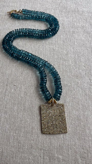 London Blue Topaz Necklace, Pave Diamond Square Pendant, Boho Gemstone Jewelry