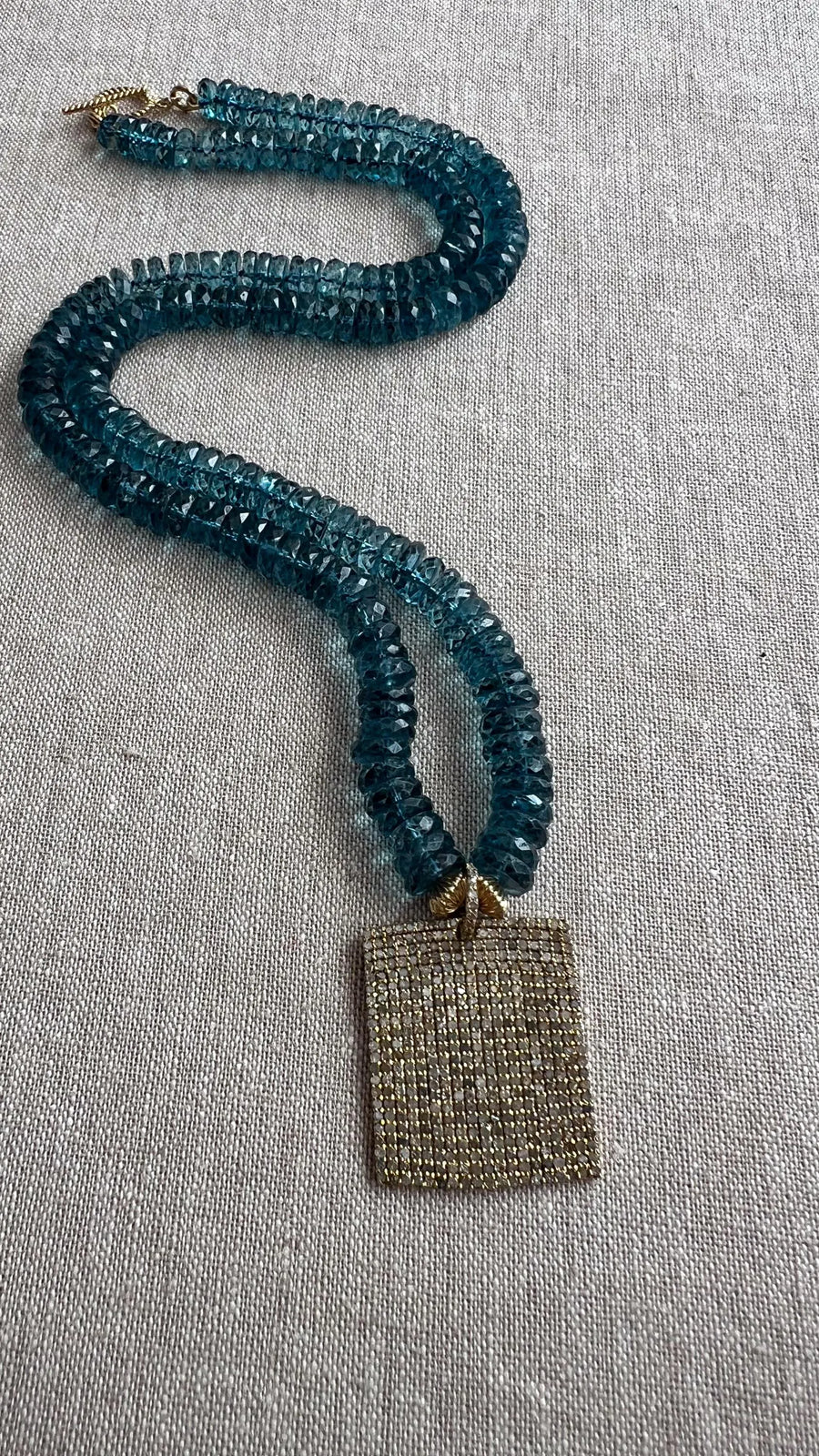 London Blue Topaz Necklace, Pave Diamond Square Pendant, Boho Gemstone Jewelry