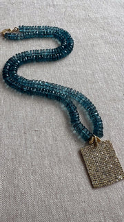 London Blue Topaz Necklace, Pave Diamond Square Pendant, Boho Gemstone Jewelry