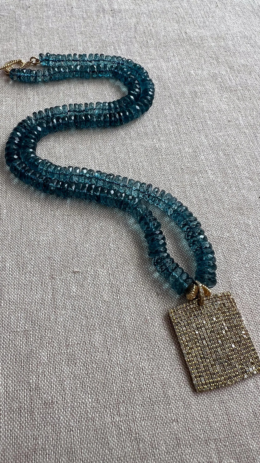 London Blue Topaz Necklace, Pave Diamond Square Pendant, Boho Gemstone Jewelry
