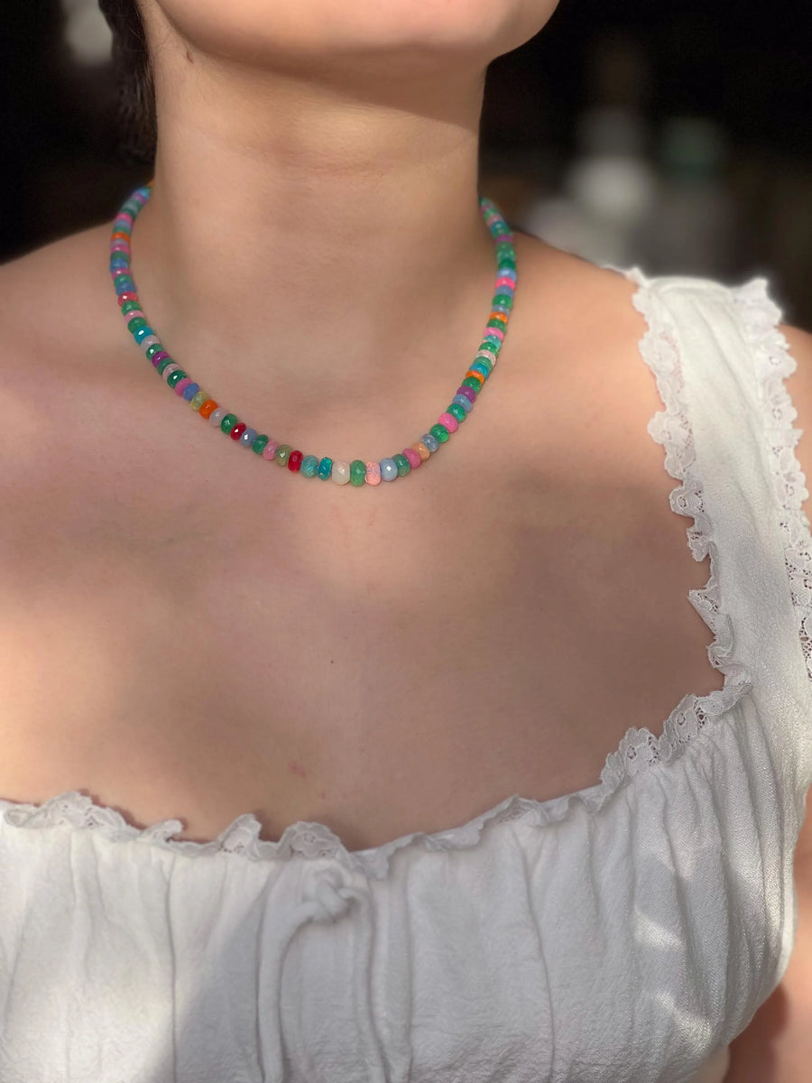 Multi Colored Opals Necklace, Boho Gemstone Jewelry, Hand Knotted Gemstones