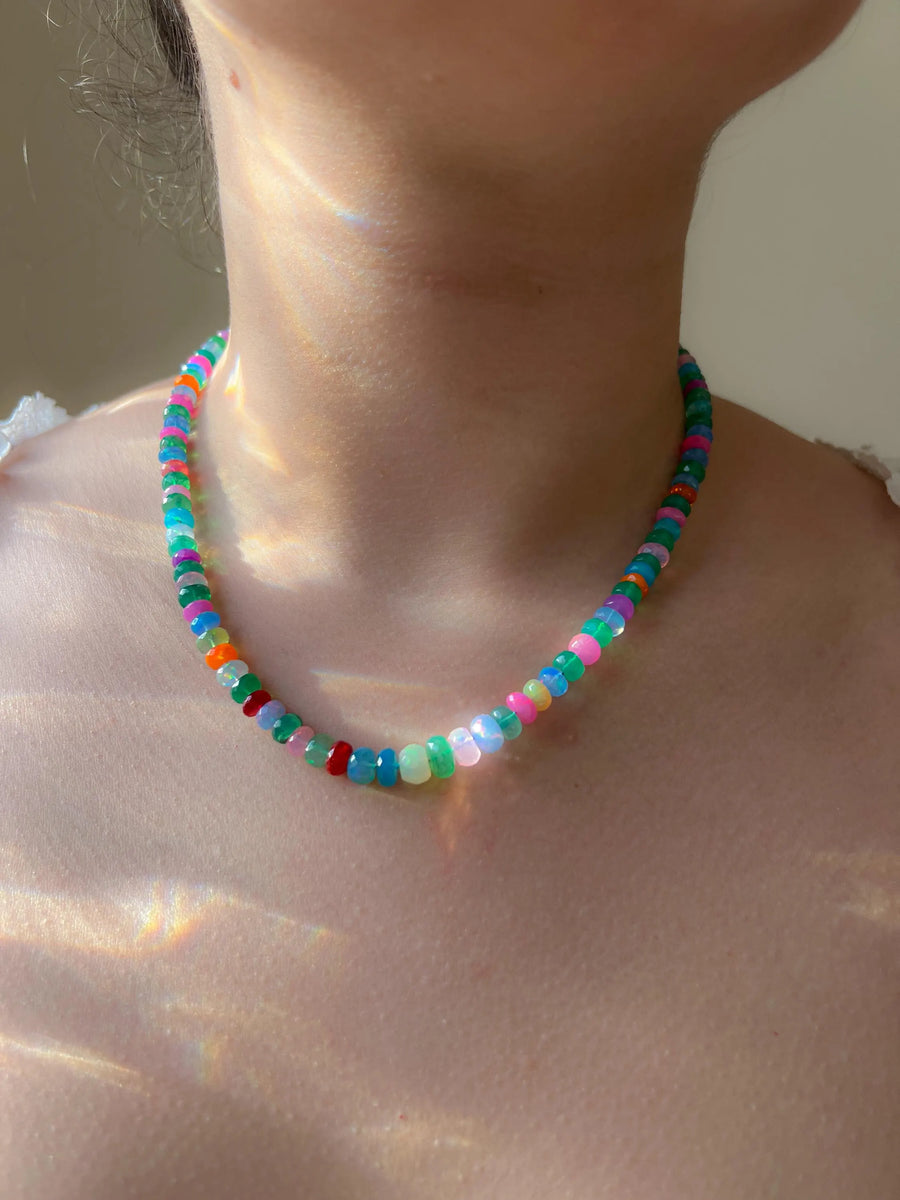 Multi Colored Opals Necklace, Boho Gemstone Jewelry, Hand Knotted Gemstones