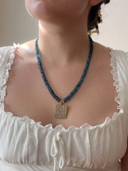 London Blue Topaz Necklace, Pave Diamond Square Pendant, Boho Gemstone Jewelry