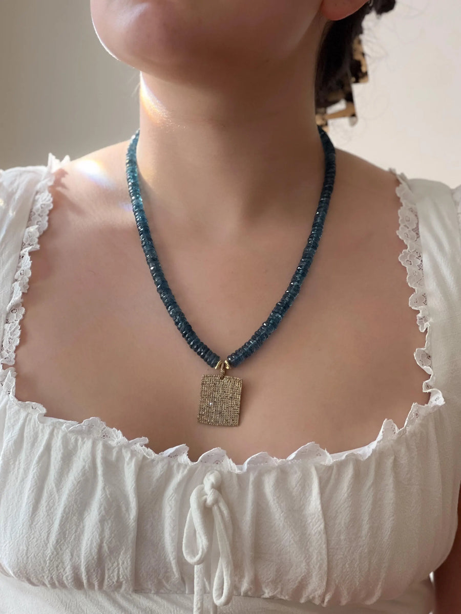 London Blue Topaz Necklace, Pave Diamond Square Pendant, Boho Gemstone Jewelry