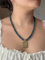 London Blue Topaz Necklace, Pave Diamond Square Pendant, Boho Gemstone Jewelry