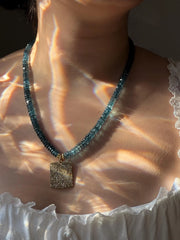 London Blue Topaz Necklace, Pave Diamond Square Pendant, Boho Gemstone Jewelry