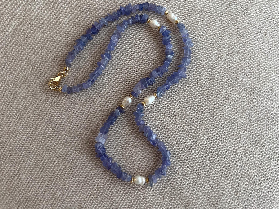 Tanzanite Chips Necklace, Freshwater Pearl Stations, Boho Gemstone Jewelry