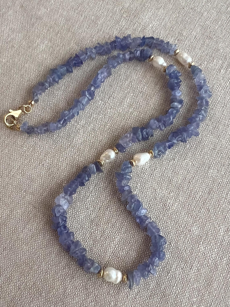 Tanzanite Chips Necklace, Freshwater Pearl Stations, Boho Gemstone Jewelry