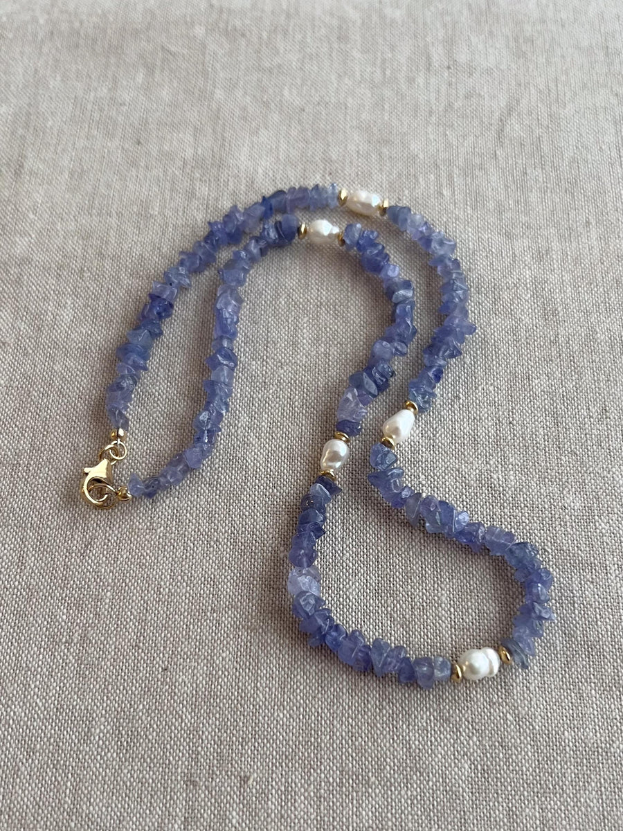 Tanzanite Chips Necklace, Freshwater Pearl Stations, Boho Gemstone Jewelry