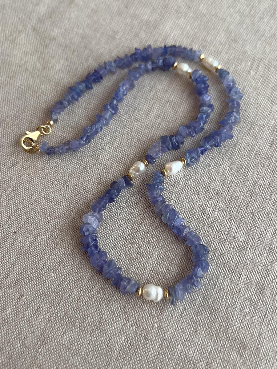 Tanzanite Chips Necklace, Freshwater Pearl Stations, Boho Gemstone Jewelry
