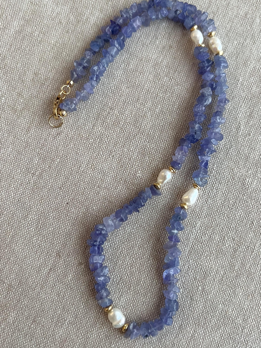 Tanzanite Chips Necklace, Freshwater Pearl Stations, Boho Gemstone Jewelry