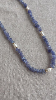 Tanzanite Chips Necklace, Freshwater Pearl Stations, Boho Gemstone Jewelry