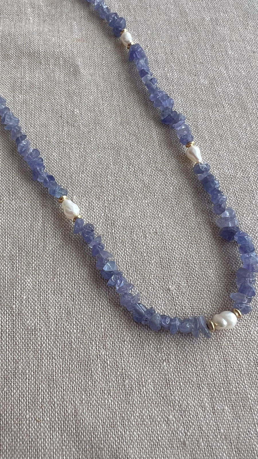 Tanzanite Chips Necklace, Freshwater Pearl Stations, Boho Gemstone Jewelry