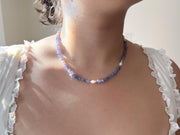 Tanzanite Chips Necklace, Freshwater Pearl Stations, Boho Gemstone Jewelry