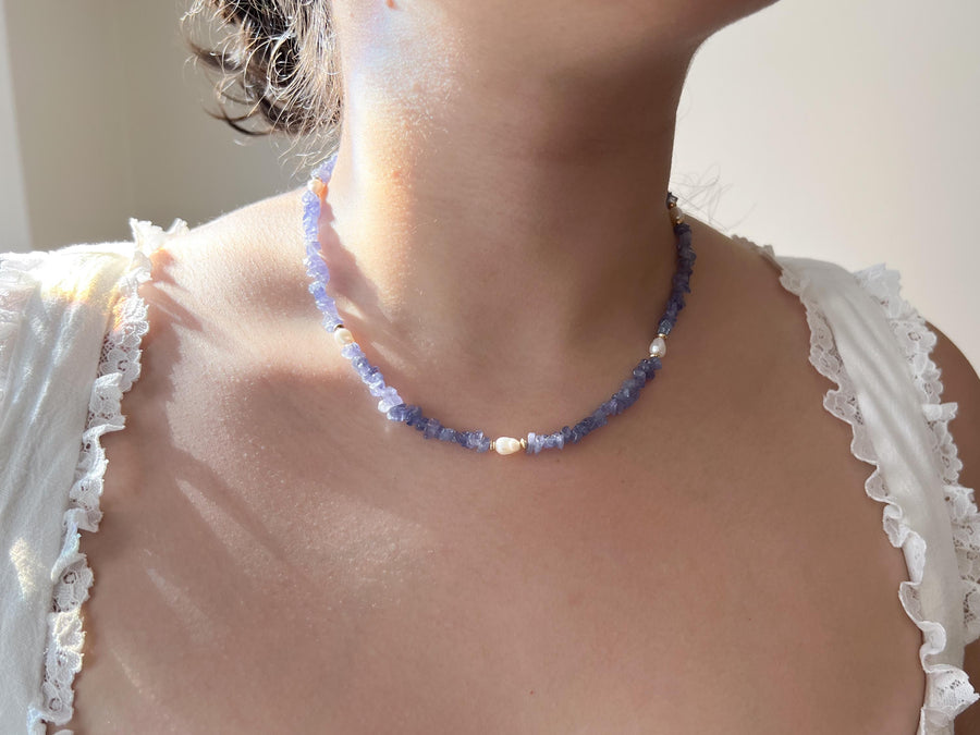 Tanzanite Chips Necklace, Freshwater Pearl Stations, Boho Gemstone Jewelry