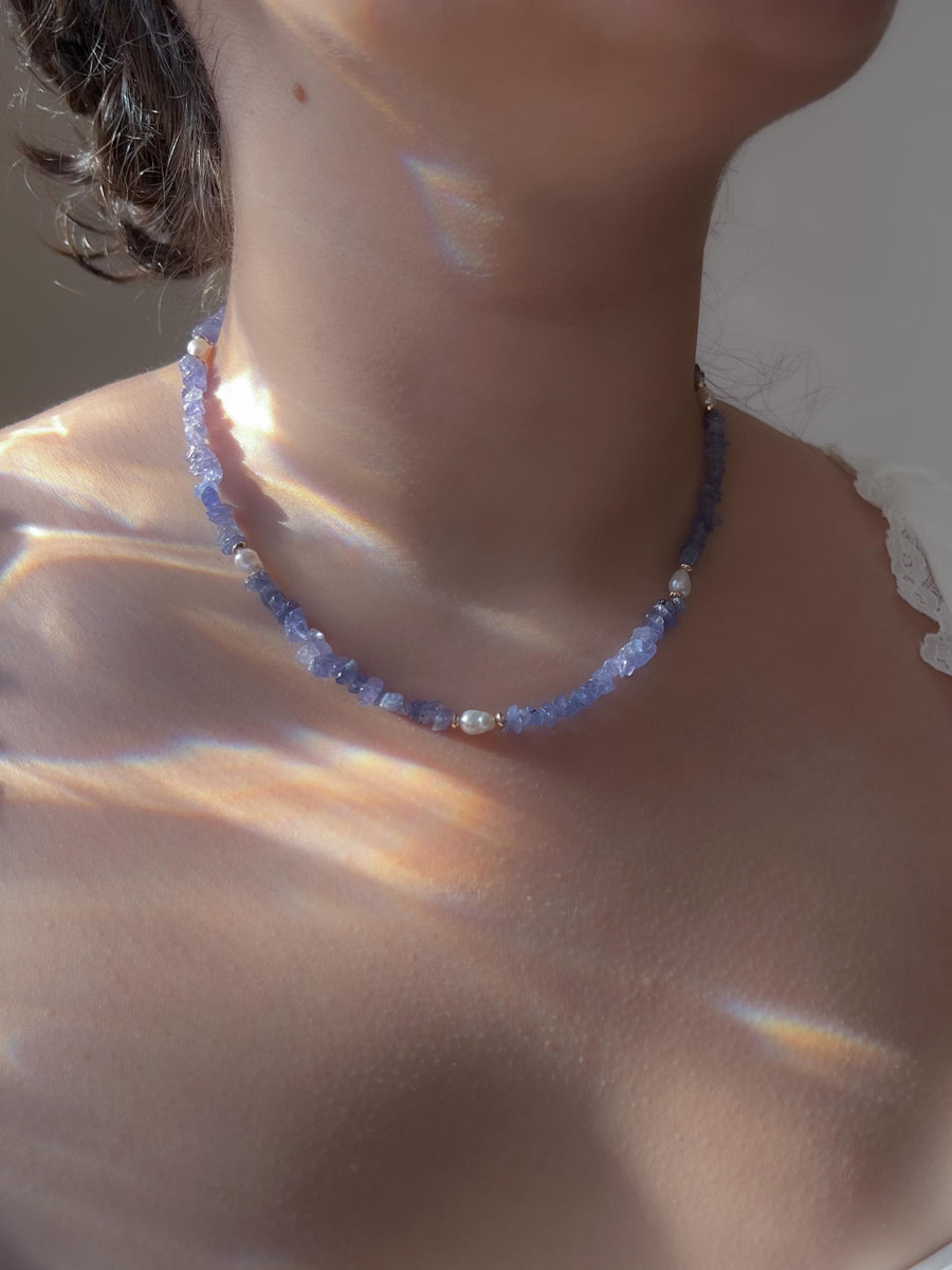 Tanzanite Chips Necklace, Freshwater Pearl Stations, Boho Gemstone Jewelry