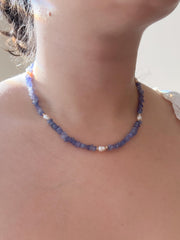 Tanzanite Chips Necklace, Freshwater Pearl Stations, Boho Gemstone Jewelry