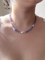 Tanzanite Chips Necklace, Freshwater Pearl Stations, Boho Gemstone Jewelry