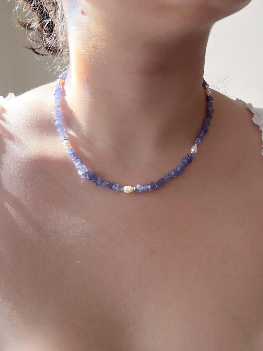 Tanzanite Chips Necklace, Freshwater Pearl Stations, Boho Gemstone Jewelry