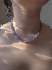 Tanzanite Chips Necklace, Freshwater Pearl Stations, Boho Gemstone Jewelry