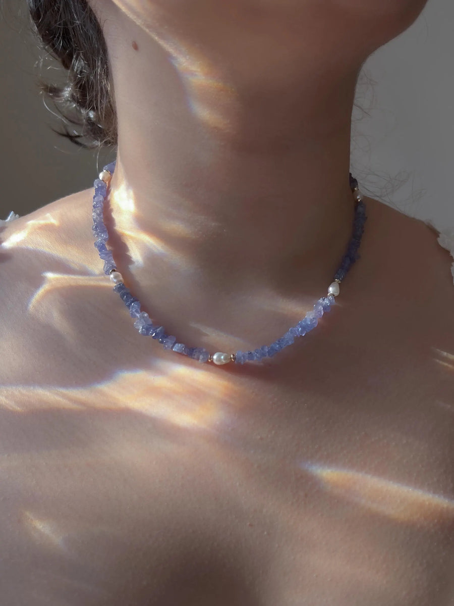 Tanzanite Chips Necklace, Freshwater Pearl Stations, Boho Gemstone Jewelry
