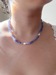 Tanzanite Chips Necklace, Freshwater Pearl Stations, Boho Gemstone Jewelry