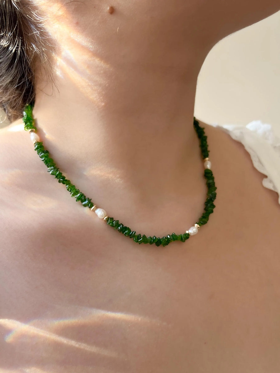 Chrome Diopside Necklace, Freshwater Pearl Stations, Boho Gemstone Jewelry