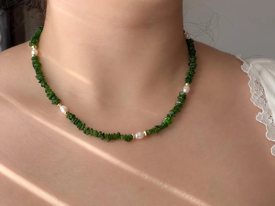 Chrome Diopside Necklace, Freshwater Pearl Stations, Boho Gemstone Jewelry