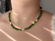 Chrome Diopside Necklace, Freshwater Pearl Stations, Boho Gemstone Jewelry